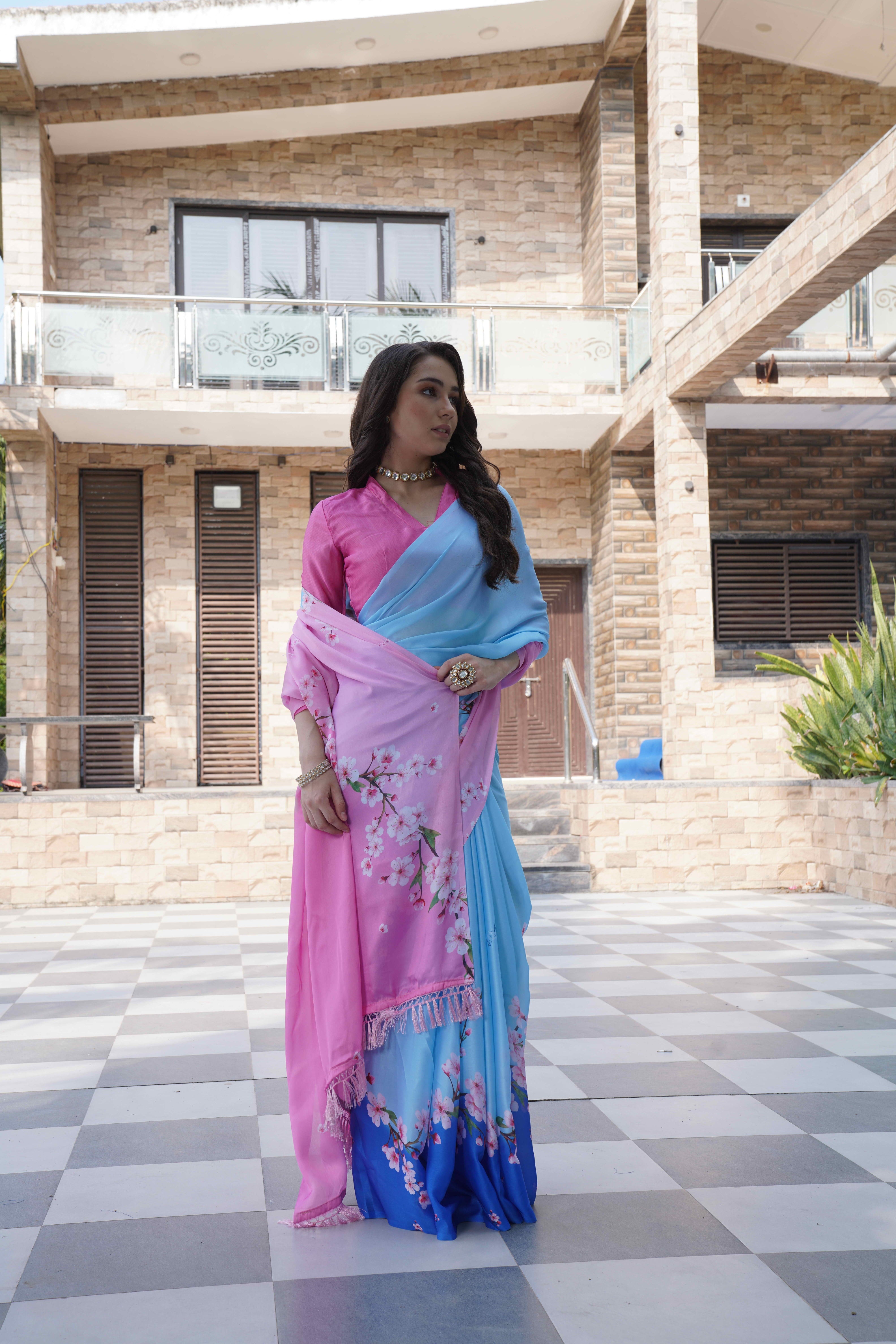 Sky Blue Colour Block Georgette Saree